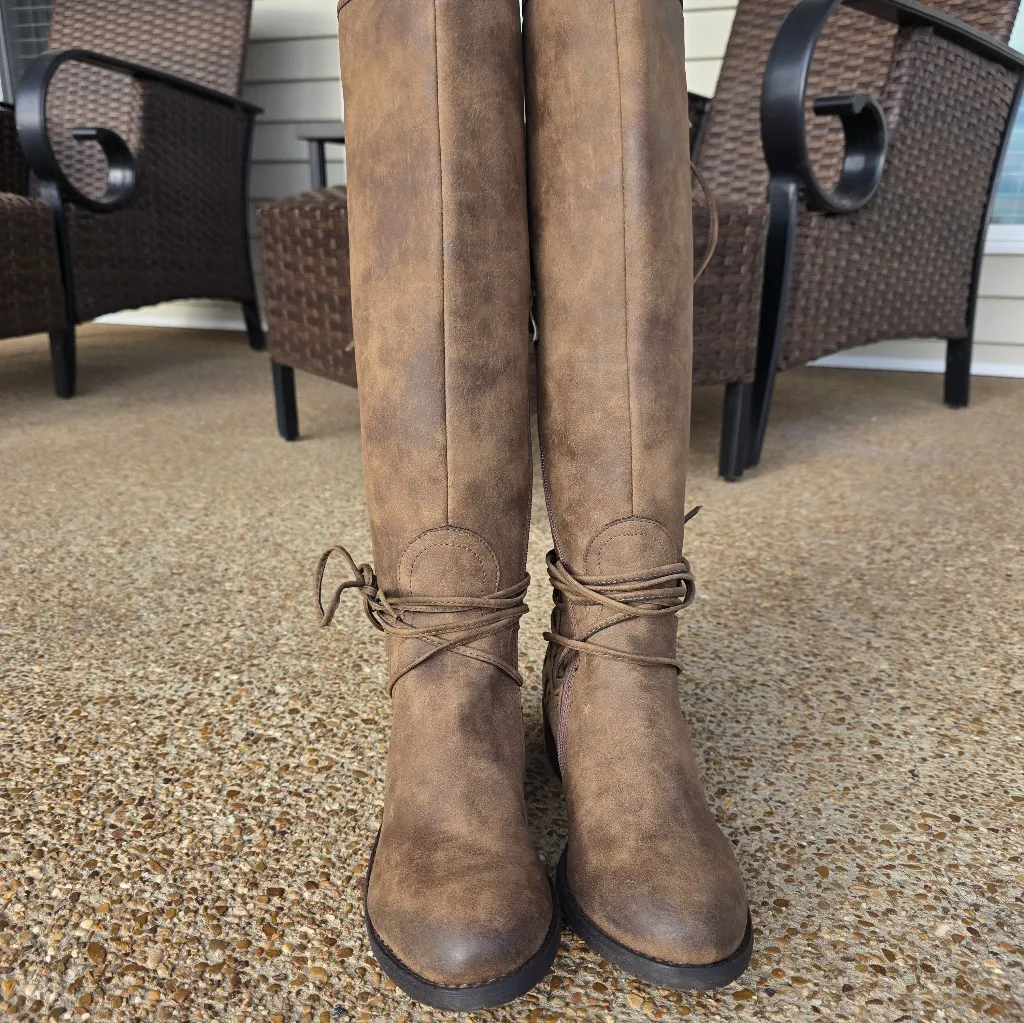 Brown Suede Leather Like Back Lace Up Side Zip Tall Boots Womens 8.5 Western - Image 5