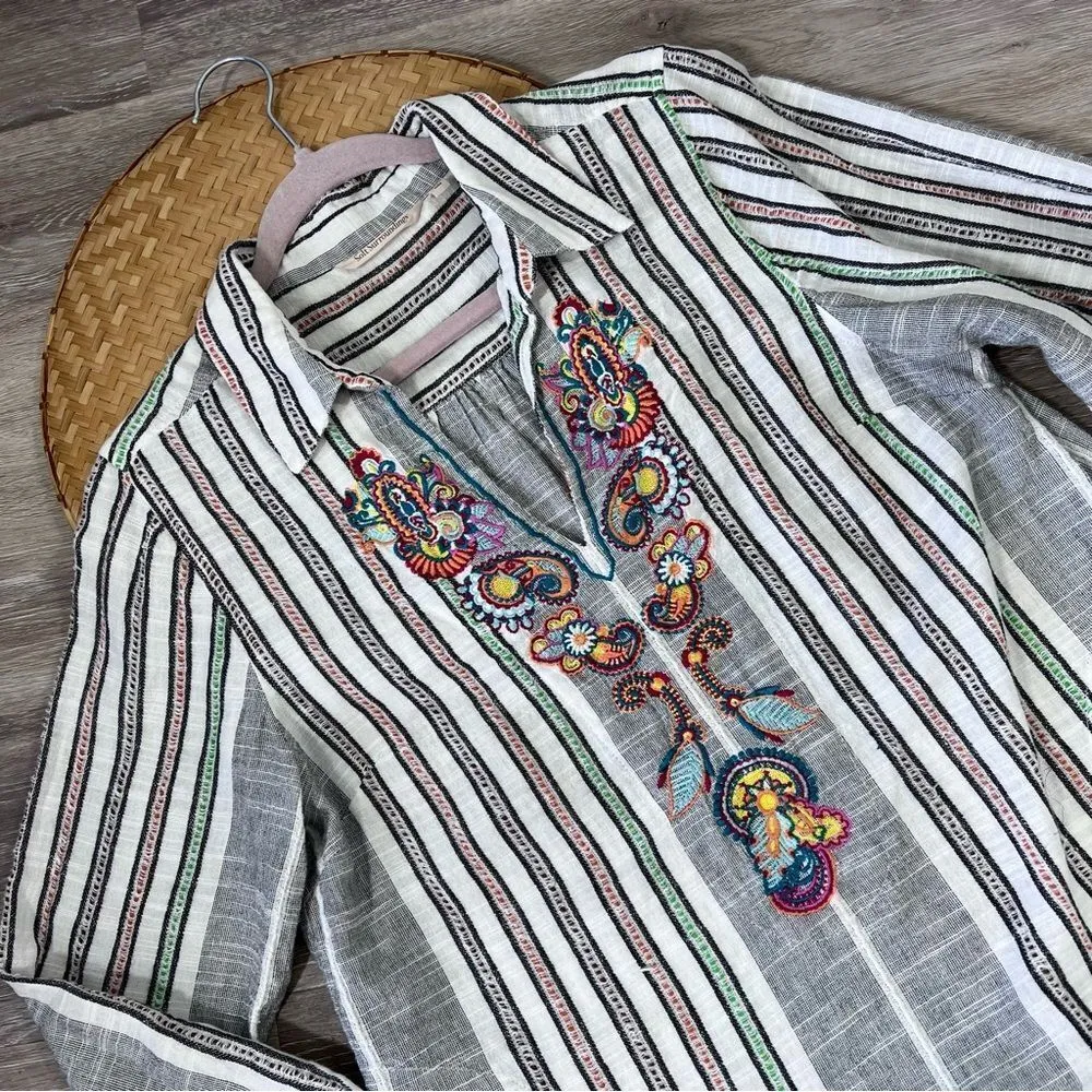 Soft surroundings striped embroidered gauze cotton tunic blouse w/ pockets - Image 6