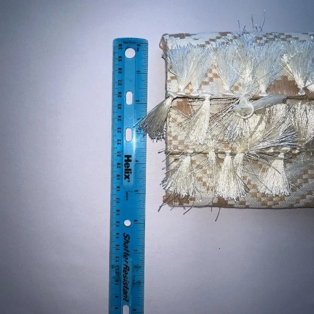 CREAM TAN AZTEC BOHO‎ TASSELED CLUTCH PURSE HANDBAG WOVEN WOMEN FOLD OVER SNAP - Image 8