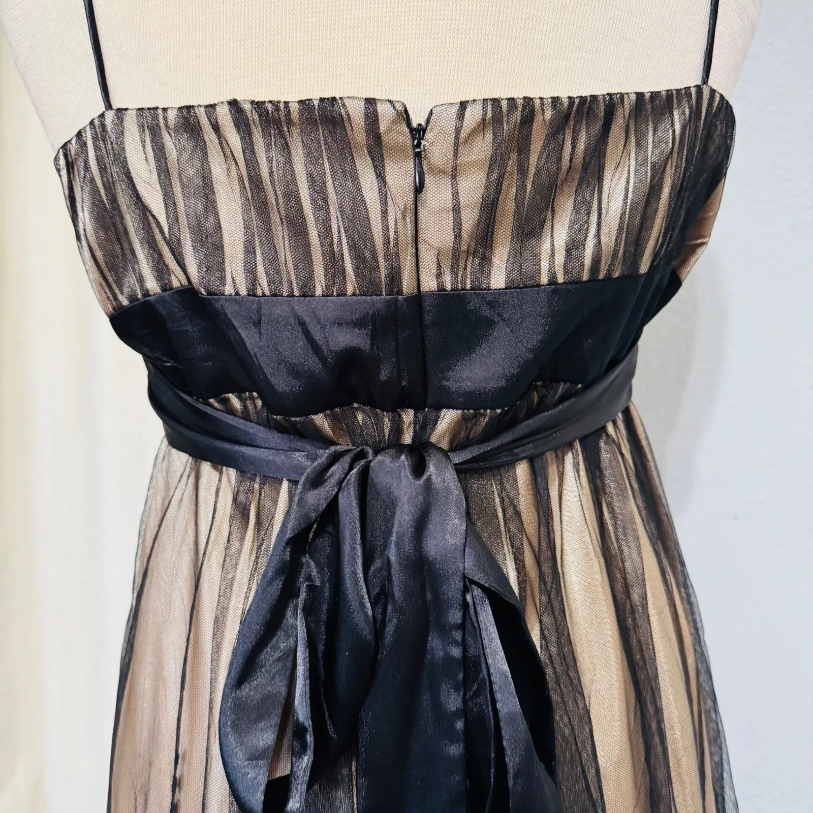 Vintage Y2K SL Fashions Black Beige Mesh Overlay Whimsigoth Babydoll Dress 14 Tan - Image 7