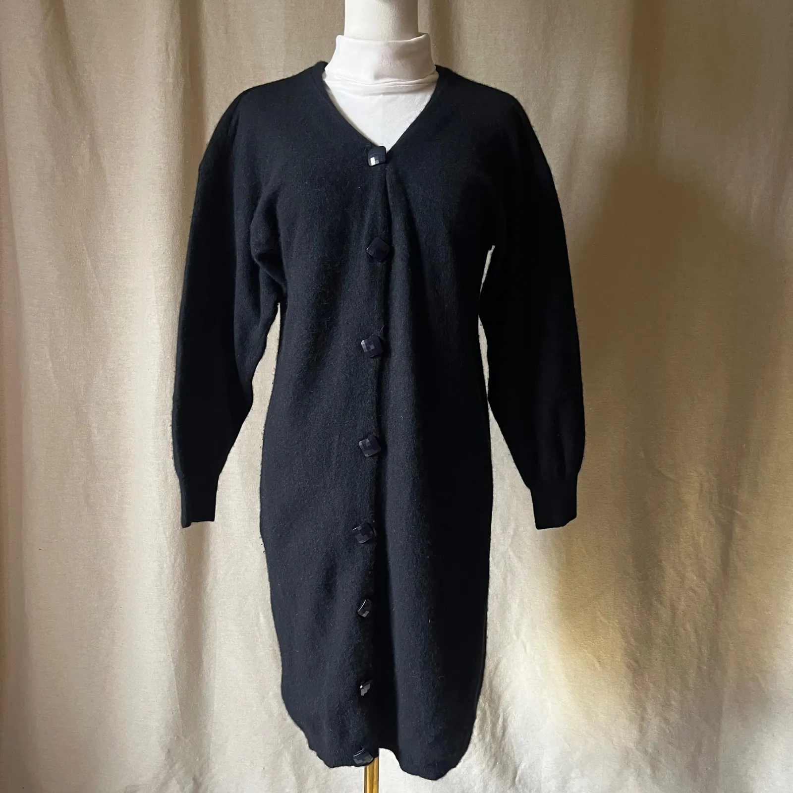 Vintage‎ Marion Roth Italy Black Angora Blend Longline Cardigan Sweater Dress M Size M - Image 4