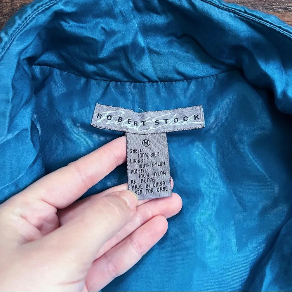 vintage • 80s silk bomber jacket quilted teal blue diamond zip front Robert Stoc Size M - Image 3