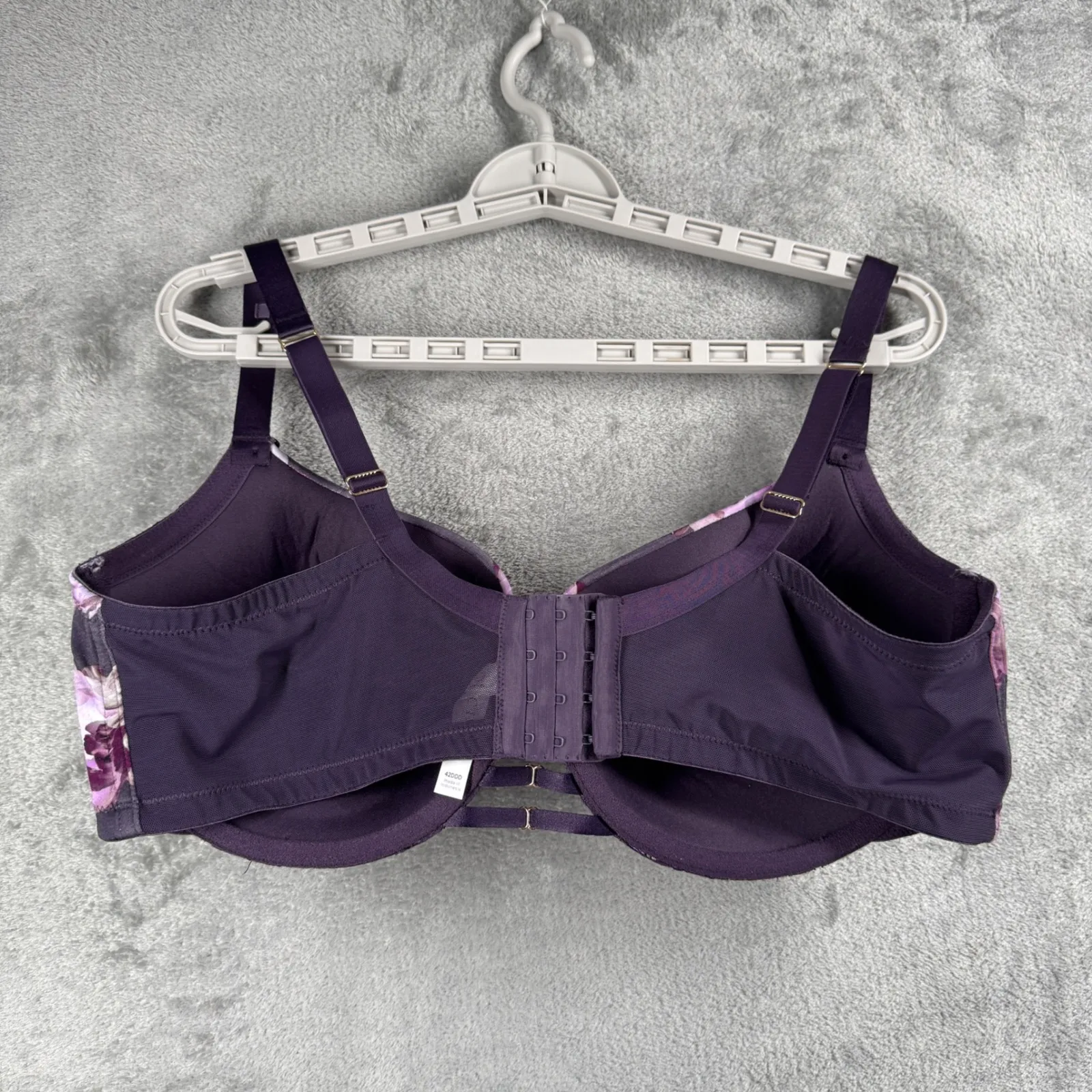 Cacique Boost Balconette Bra 42DDD Purple Floral Lace Underwire Adjustable - Image 3