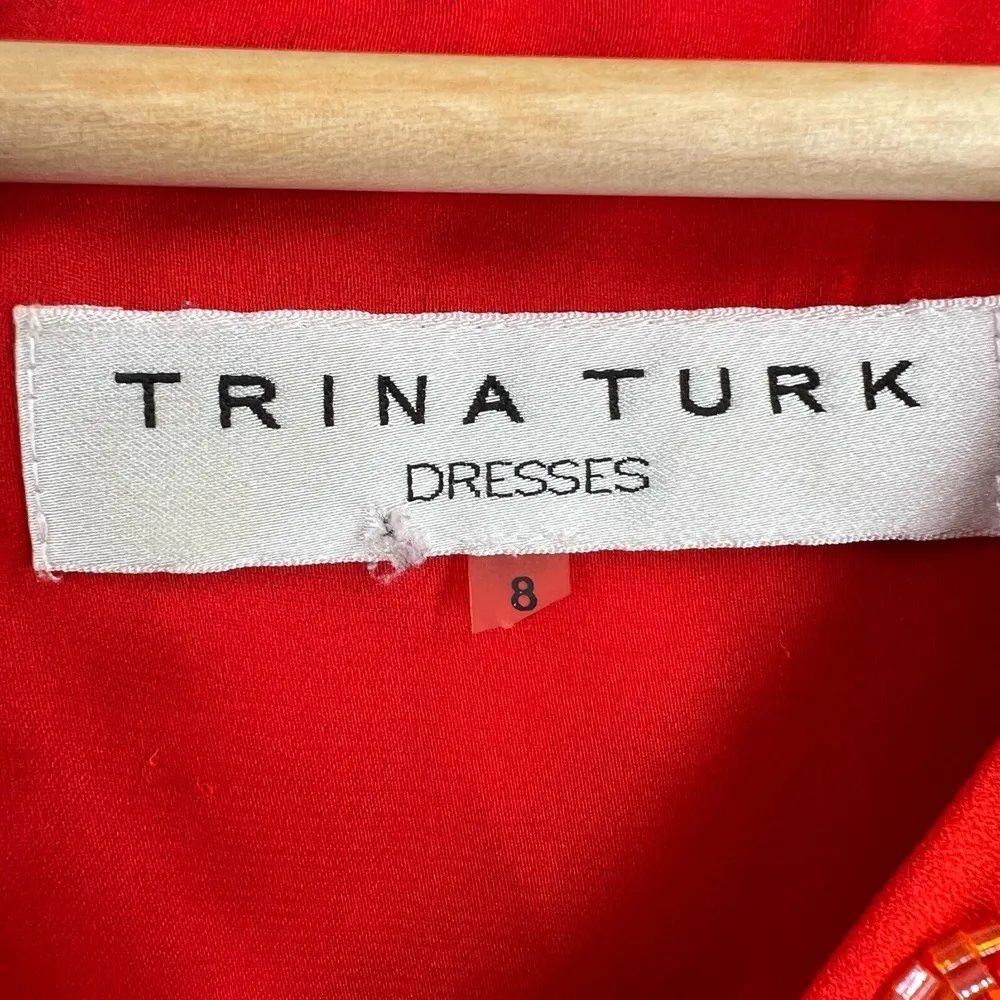 Trina Turk Dress Red Beaded V-Neck Short Sleeve Size 8 - Image 5