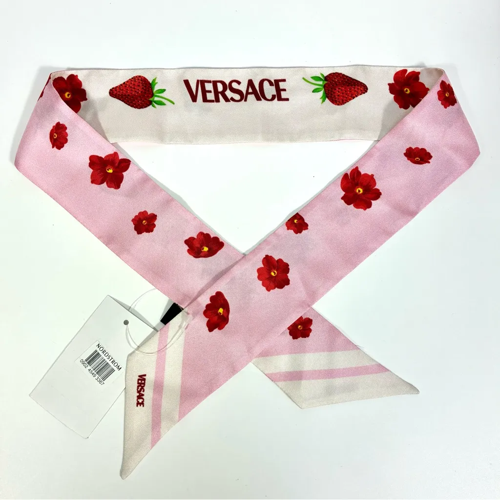 Versace Strawberry Garden Silk Skinny Twill Scarf Tie Logo Pink Red NWT - Image 12