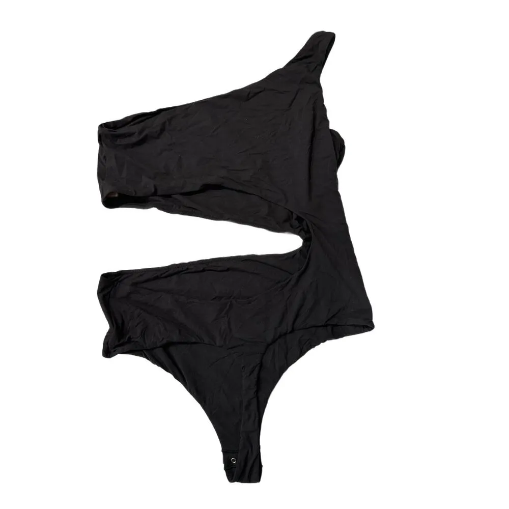 Size 4X Fits Everybody 1 Shoulder Cut Out Bodysuit Onyx Black BD-THG-3042 - Image 3