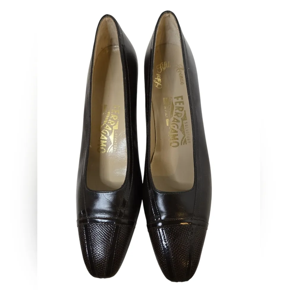 Salvatore Ferragamo  Lizard Pumps Shoes Brown Calf Leather Womens Sz 8 AA VTG - Image 3