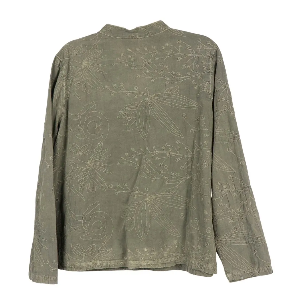 Denim & Co Button Up Shirt L Womens Olive Green Floral Embroidered Collar Pocket - Image 5