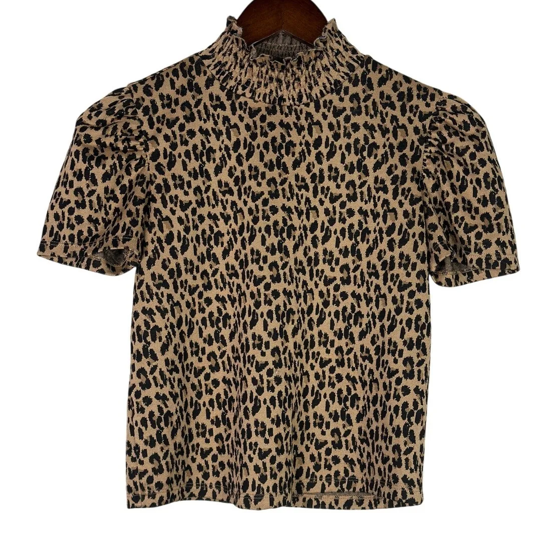 ZARA Leopard Print Lightweight Ruffled Turtle Neck Short Sleeve M Brown Black - Image 6