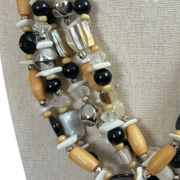 Women’s Necklace Chunky Beaded Multi Strand Layered White Tan Black 9/10” Length - Image 6