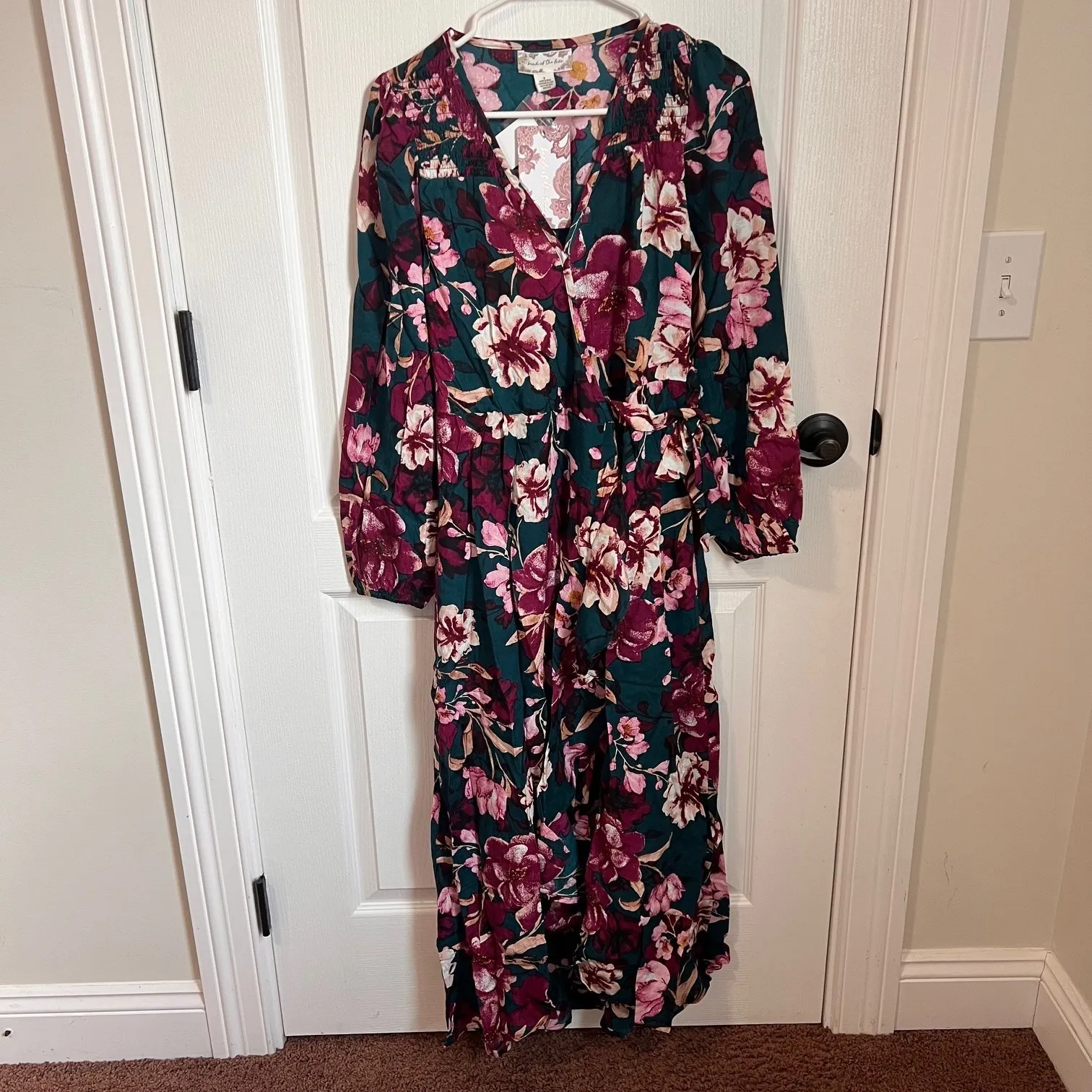 Band Of The Free Women's V-Neck Floral Wrap Maxi Dress Pine Plum Size Small - Image 3