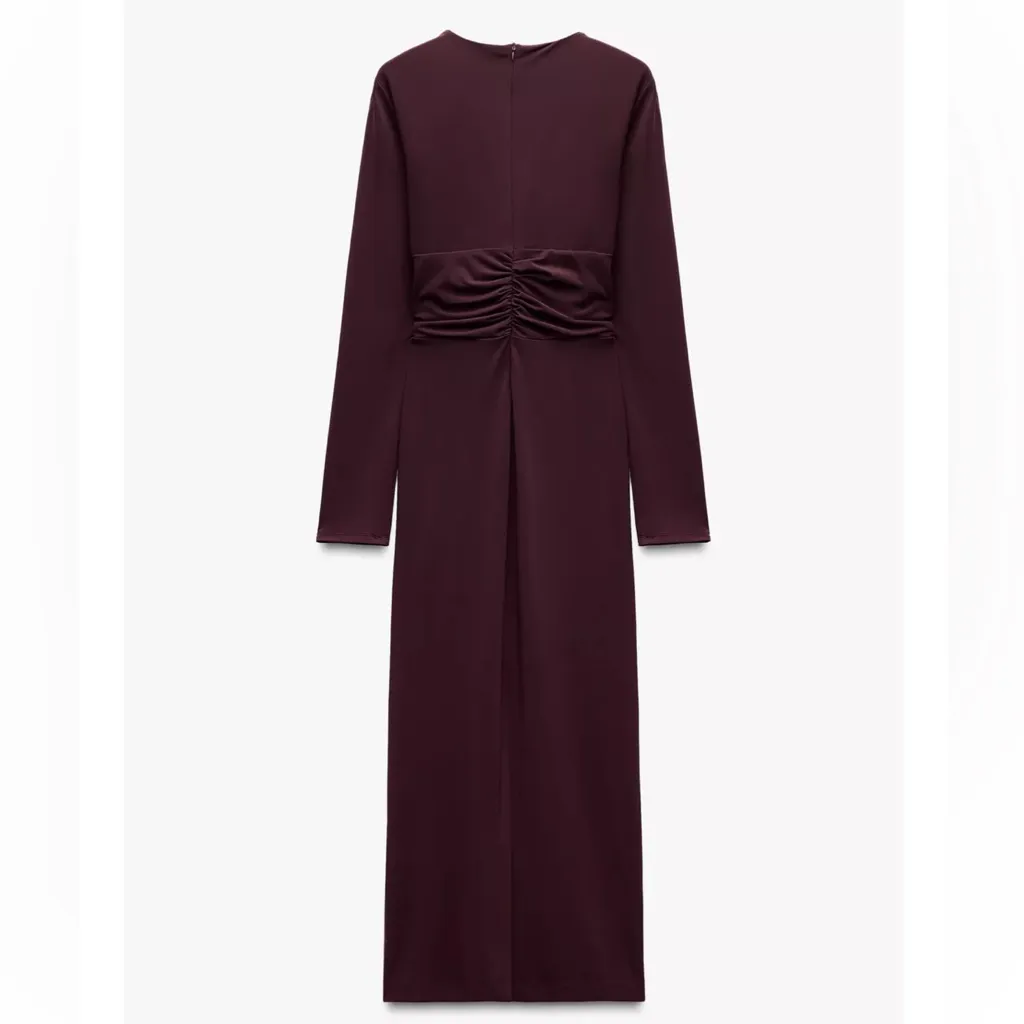 Zara NWT burgundy v neck long sleeve midi dress with ruched draped detail - Image 6