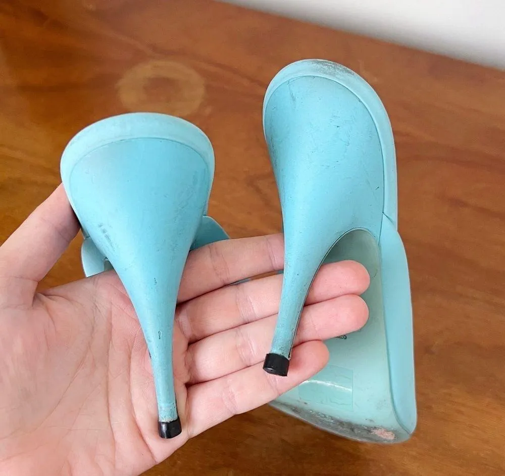 MOSCHINO x Barbie • turquoise stiletto mules heels sandals peep toe - Image 8