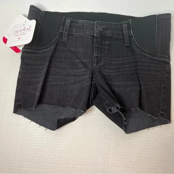 Side Inset Panel Black Midi Jean Raw Hem Shorts Size 00/24 New! - Image 2