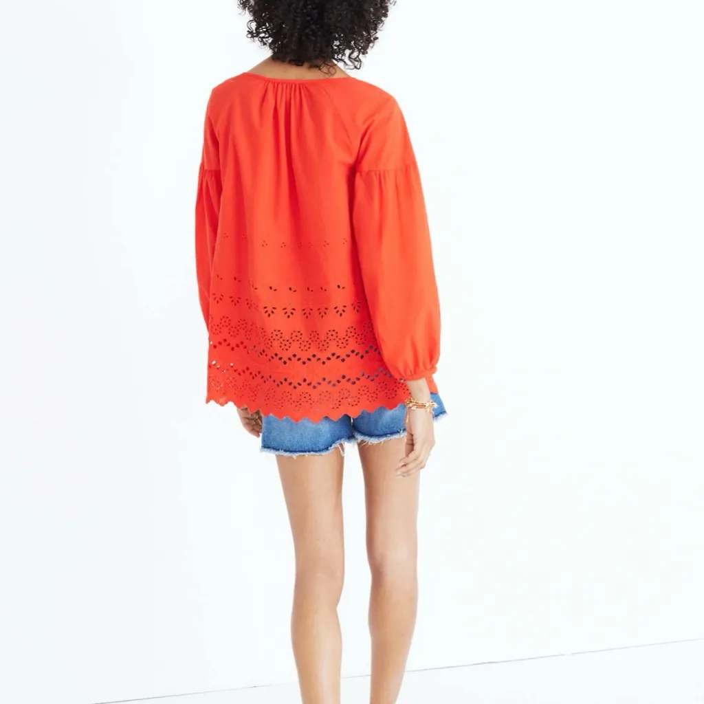 Madewell • Beautiful Bright Poppy Red Eyelet Lattice Scalloped Hem Blouse Size S - Image 15