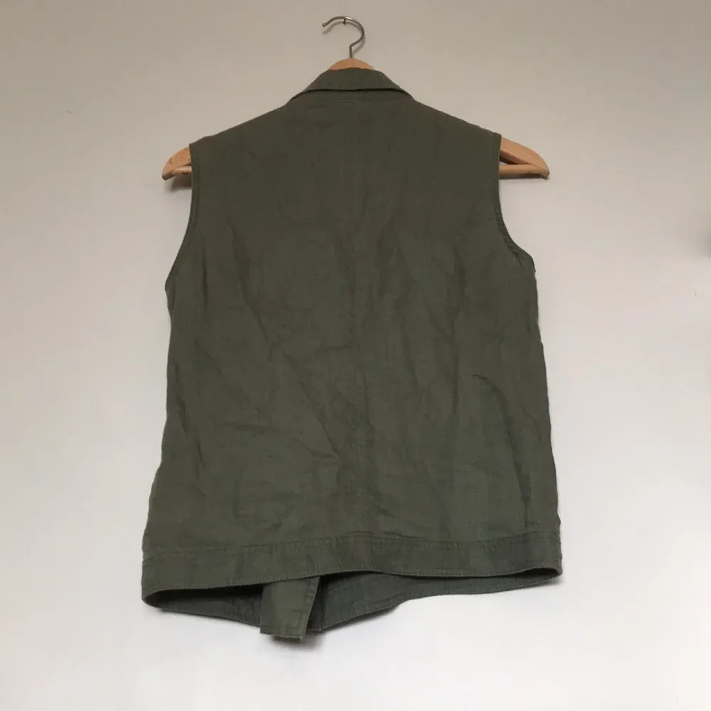 Cynthia Rowley S Linen Army Green Moto Style Zipper Slash Pocket Collared Vest - Image 5