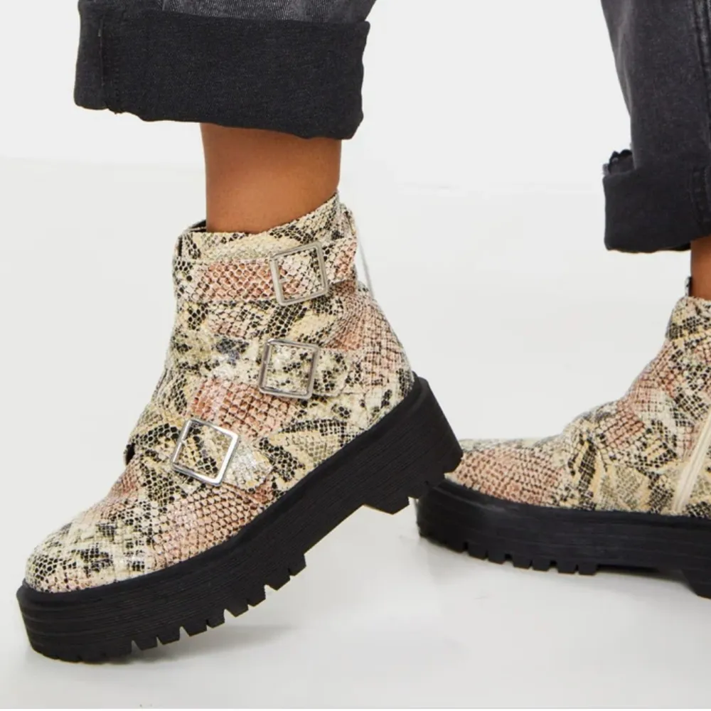 Pretty Little Thing Faux Snake Print Double Sole Triple Buckle Biker Boots 5 - Image 10