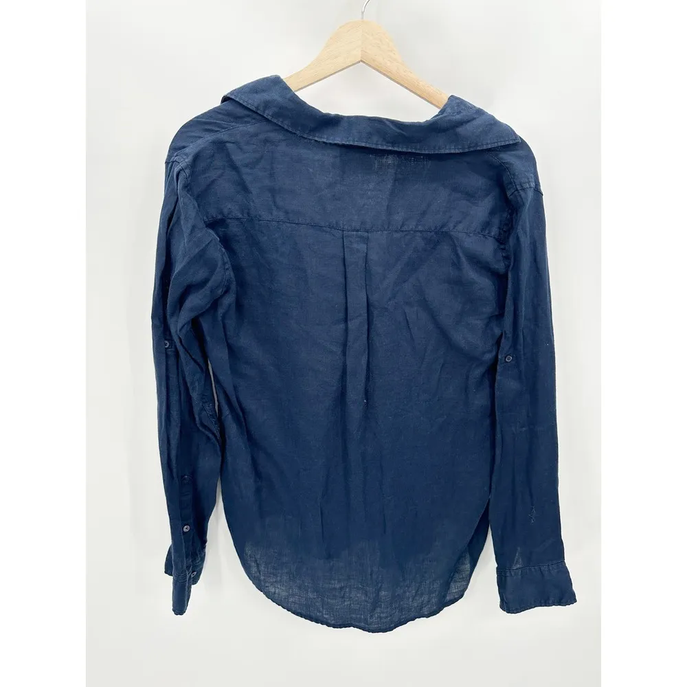Gap Top Women SMALL Navy Blue Long Sleeve V-Neck Collared 100% Linen Shirt - Image 2