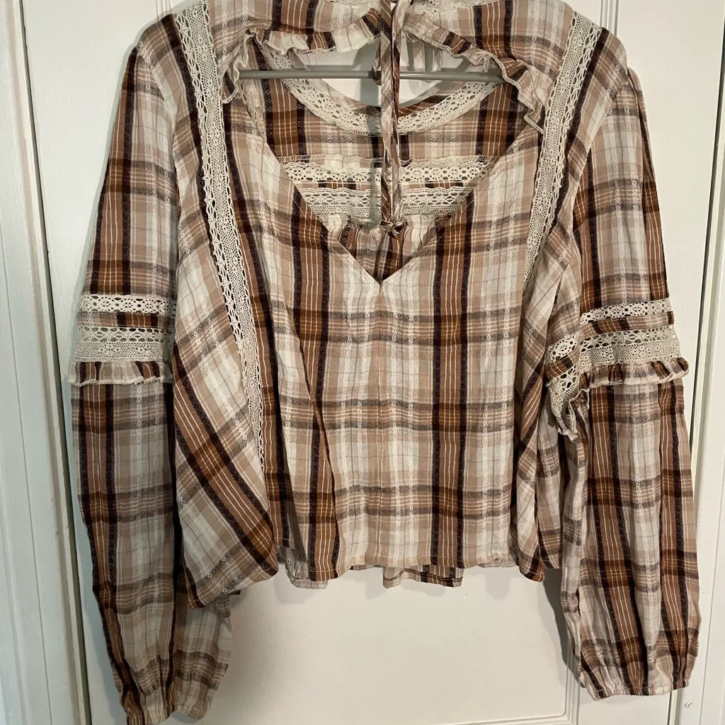 American Eagle Outfitters Brown Plaid Lace Blouse - Image 7