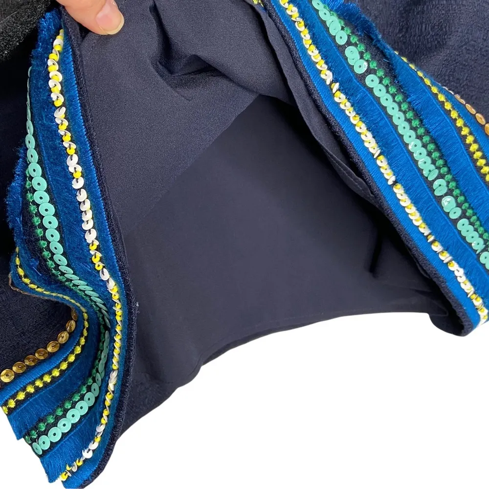 Talbots Navy Blue Tweed Knit Embroidered Sequin Fringe Pencil Skirt - Image 4