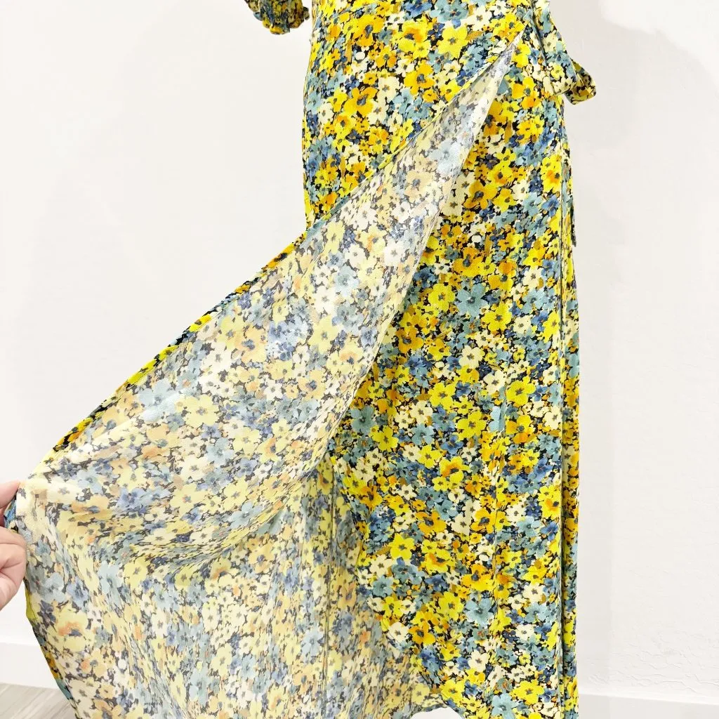 L*Space Talia Floral Midi Wrap‎ Dress in Yellow Blue Cottage Peasant Size Medium - Image 6