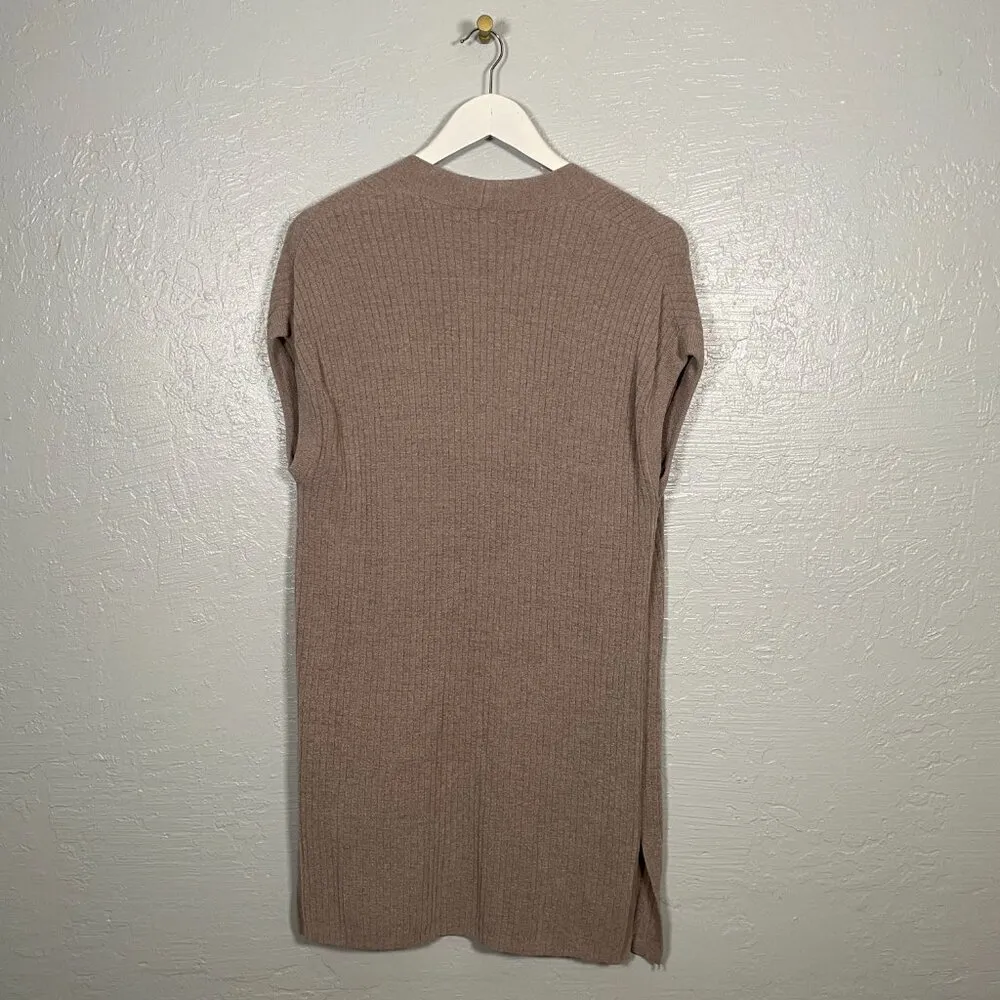 Women XS Taupe Brown Vest Sweater Open Front Ribbed Pockets - Image 6