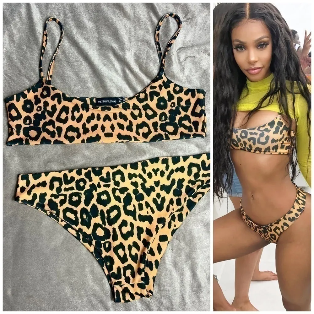 Pretty Little Thing Leopard Cheetah Print Stretch Bikini Set 2 Piece Sz 12 Large - Image 2