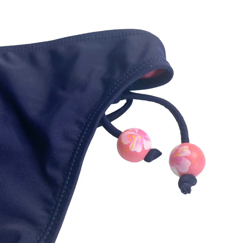 𑁍 Floral Bead Side Tie String Smocked Bikini Bottom 𑁍 Navy Pink 𑁍 Med - Image 6