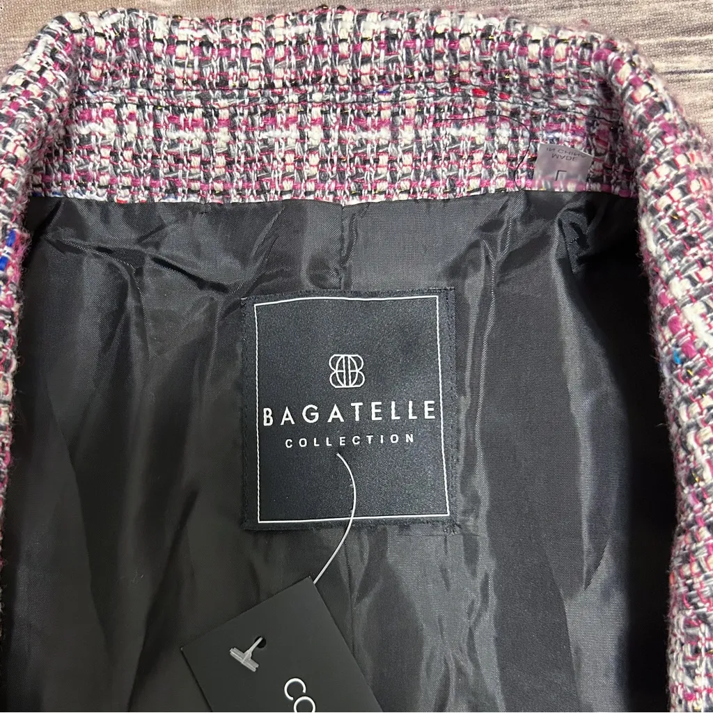 Bagatelle Tweed Pink Black Off White Cropped Single Button Blazer Jacket Large - Image 9