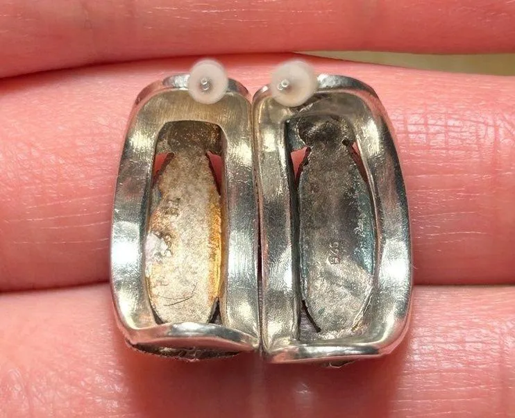 Vintage Heart Marcasite Half Hoop 925 Sterling Silver Earrings - Image 11