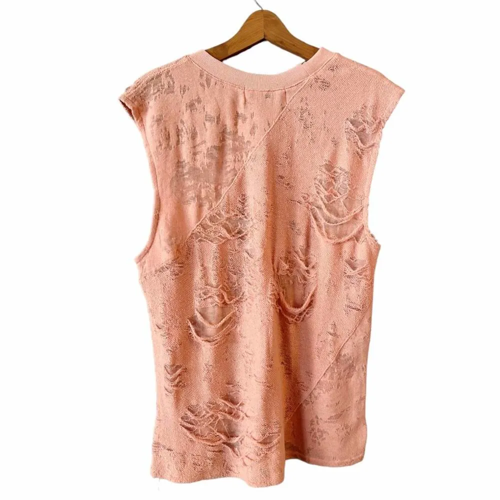 IRO Jeans Apie Top Crew Neck Burnout Tank Coral Orange Distressed Cotton Medium - Image 2