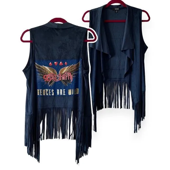 Via Penny Lane Reworked Apparel | Aerosmith Vegas Tour Navy Suede Fringe Vest XS Blue - Image 2