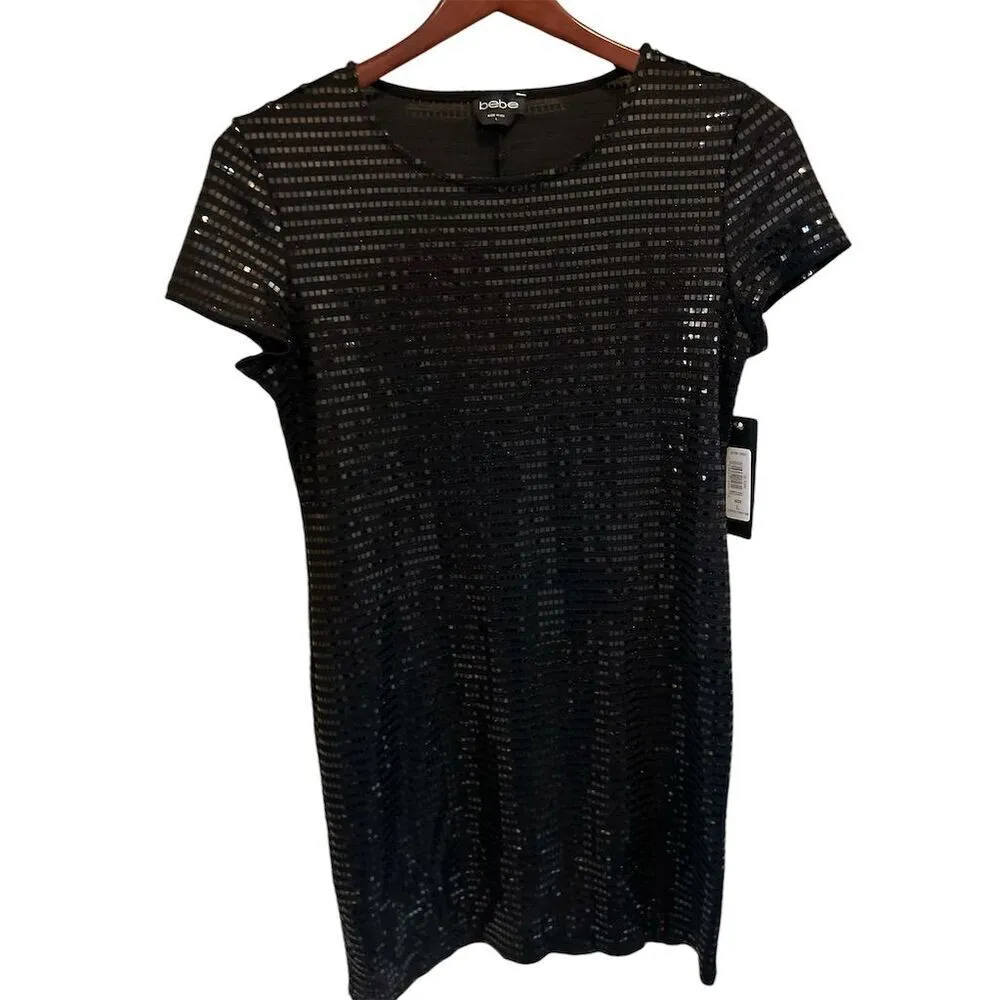 Bebe Women's Black Striped Sequin Tunic Top Size‎ L Party Cocktail - Image 5