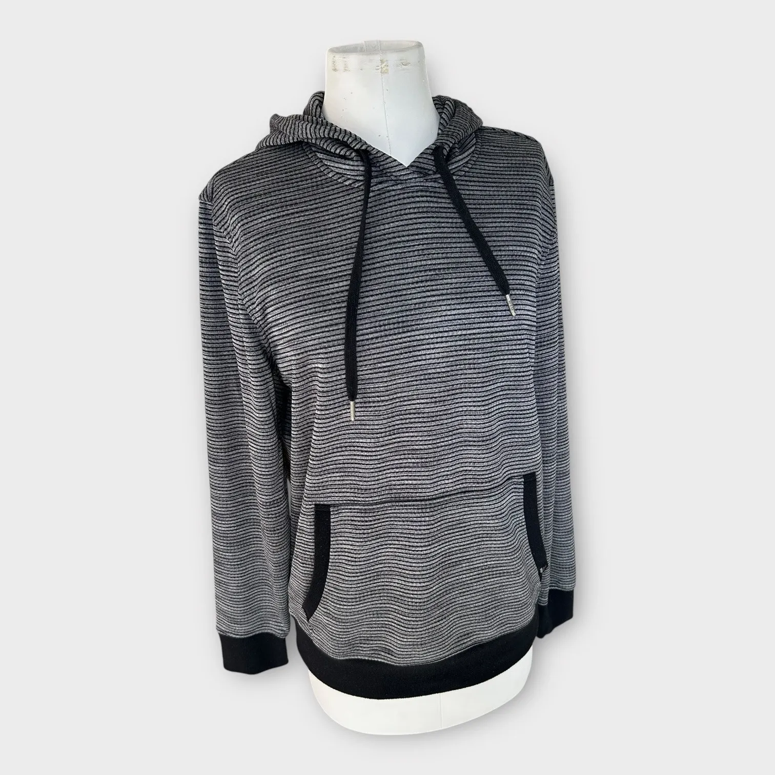 Womens PrAna Striped Hoodie Sweatshirt sz Large Black Gray Stripes Gorpcore Cozy - Image 2