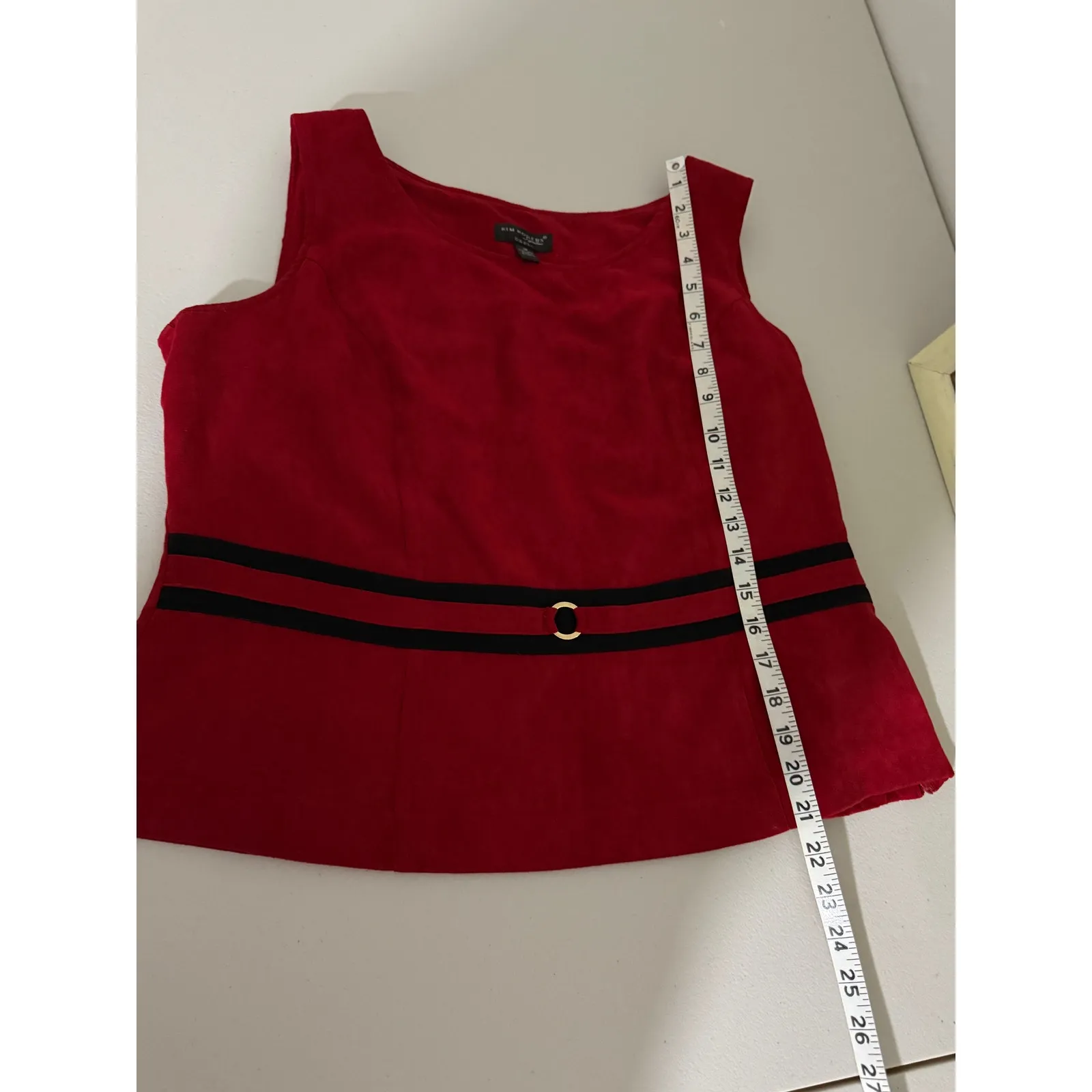 Vtg Women's Red Faux Suede Striped Peplum Style Sleeveless Blouse 16 Old Money - Image 6