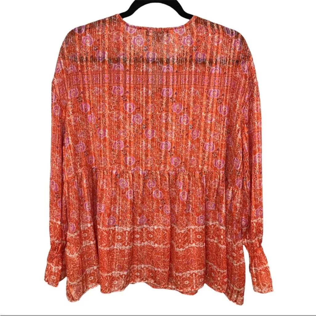 RD and KoKo Vibrant Orange Floral Sheer Bohemian Blouse Size Large - Image 8