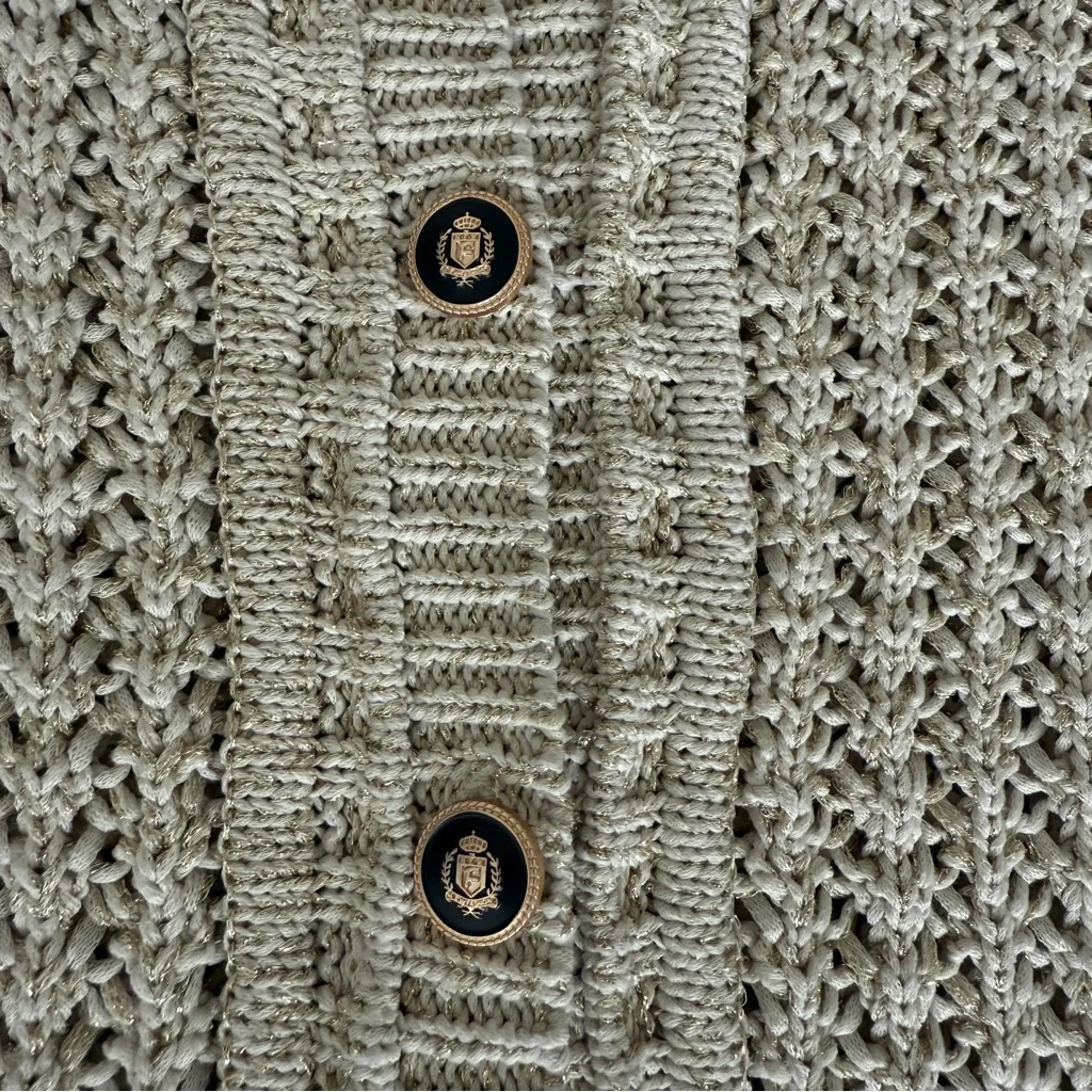 Rachel Zoe Sweater Womens XL Tan Gold Metallic Open Knit Cardigan Crest Buttons - Image 9