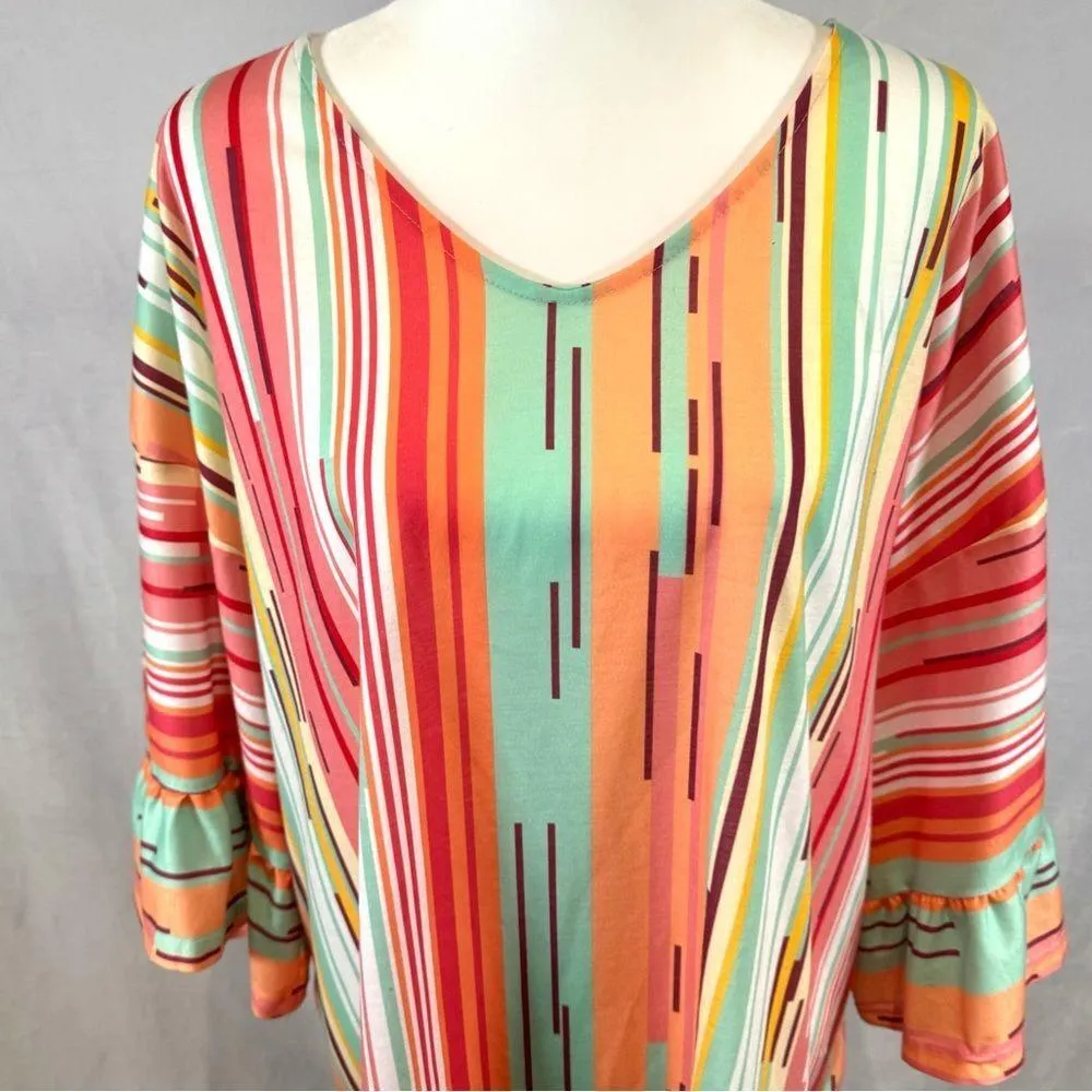 Boutique colorful stripe ruffle sleeve top size large NWOT Orange - Image 2