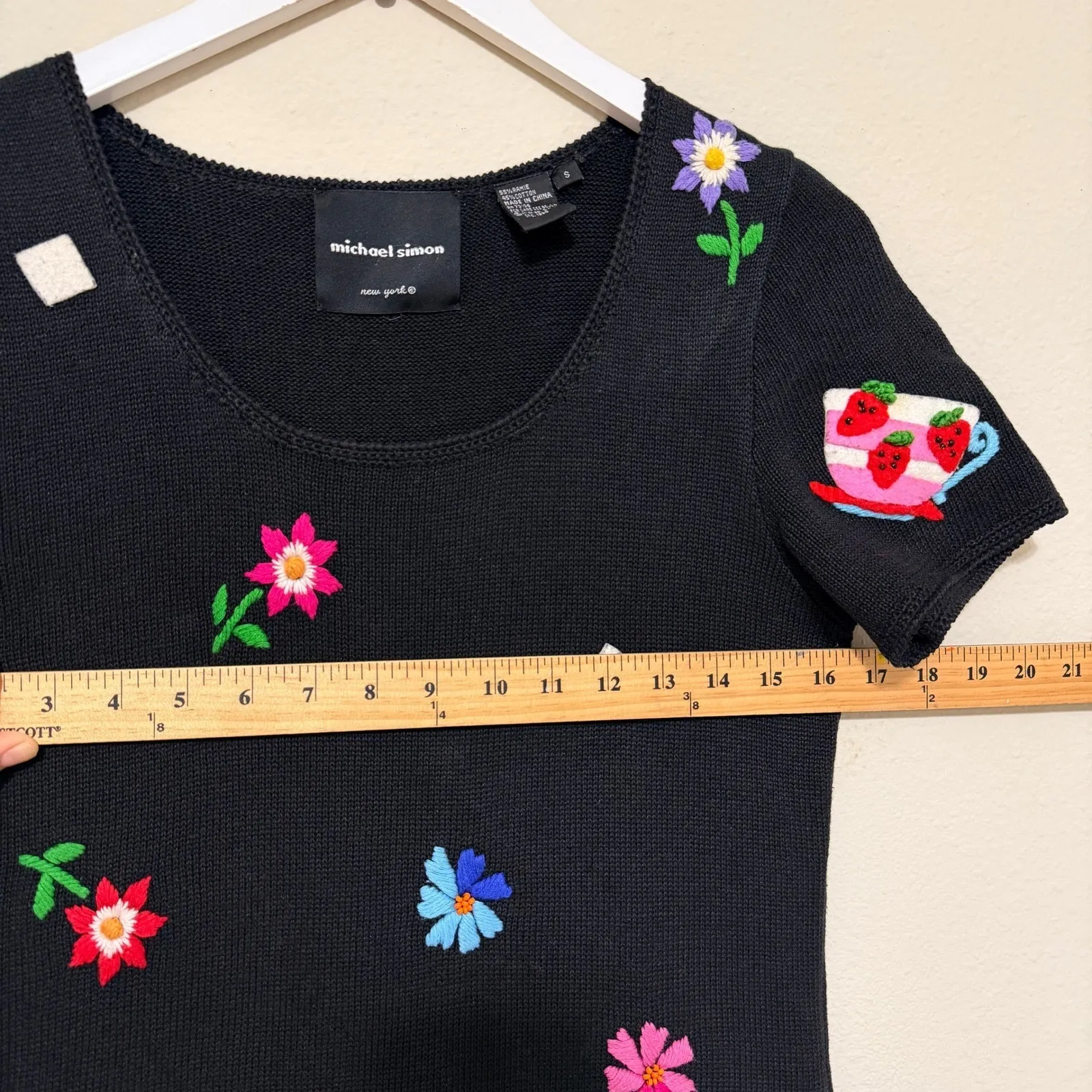 Michael Simon Black Knit Dress Embroidered Teacups Flowers Whimsical Size Small - Image 11