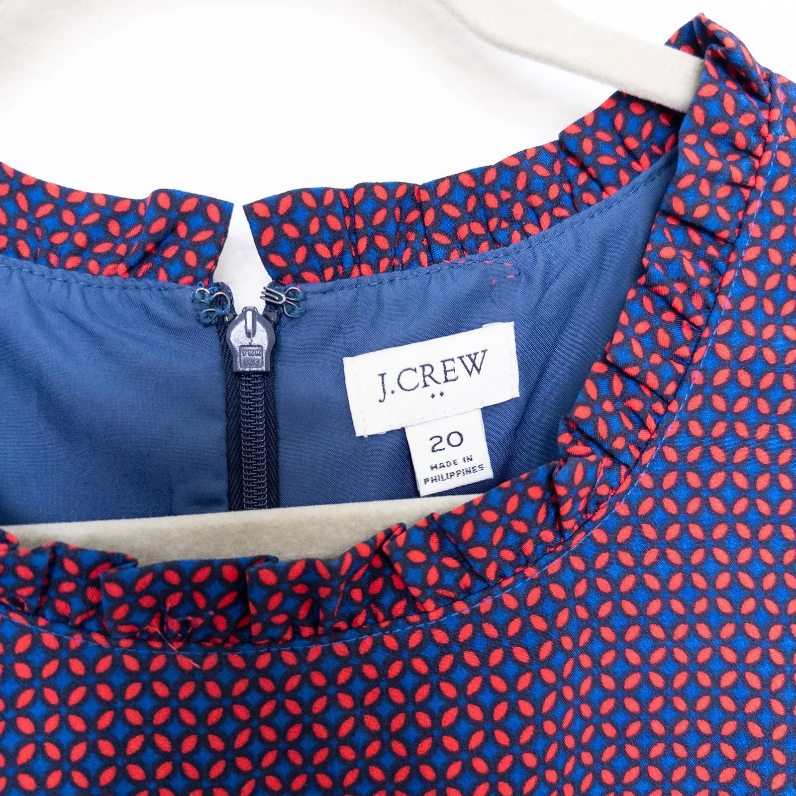 J.Crew Womens Dress Size 20 Red Blue Geometric‎ Print Ruffle Preppy Office Chic - Image 3