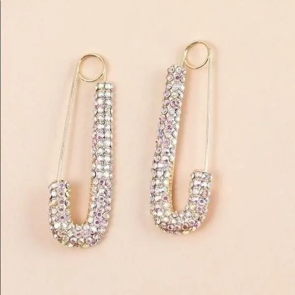 1 Bling Rhinestone Safety Pin Earrings Dangle‎ Drop Statement Fashion Jewelry Gold - Image 3