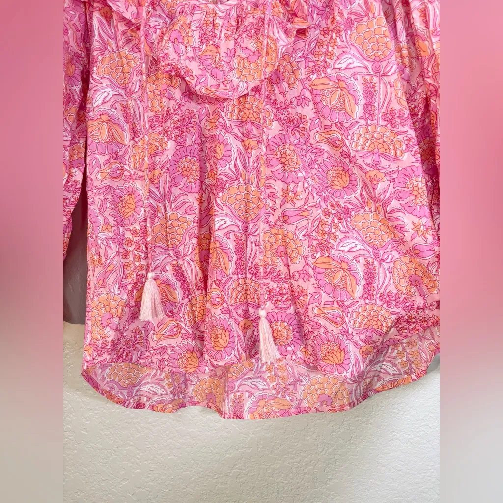 Mille Francesca Orange and Pink Floral Carnation Cotton Ruffle Top Size XS - Image 6