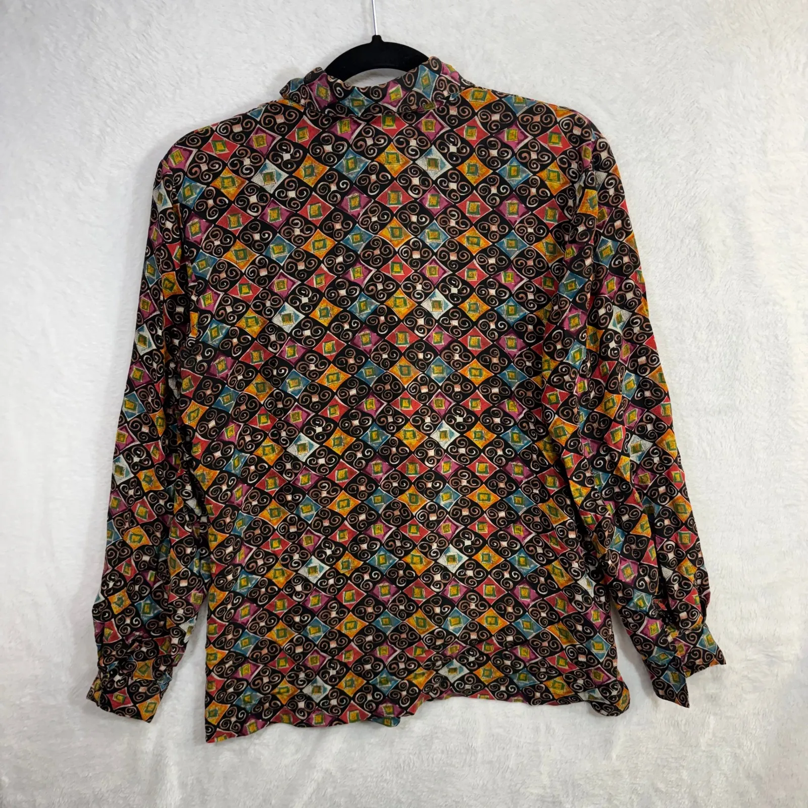 Vintage Tess M Button Up Top 100% Silk Maximalist Artsy Geometric Abstract 90s Black Size M - Image 4
