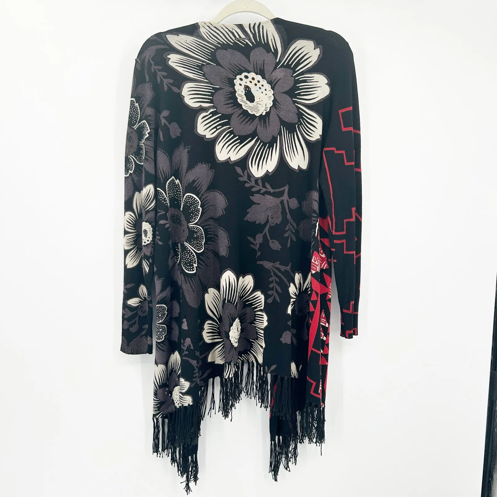 Desigual Womens Boho Dark Detroit Fringe Floral Open Front Knit Cardigan Size L - Image 8