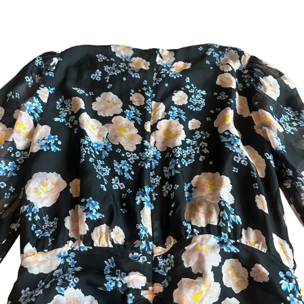Sau Lee Sienna Black Floral Dress Long Sleeve Ruched 100% Silk Size 6 Women's - Image 11