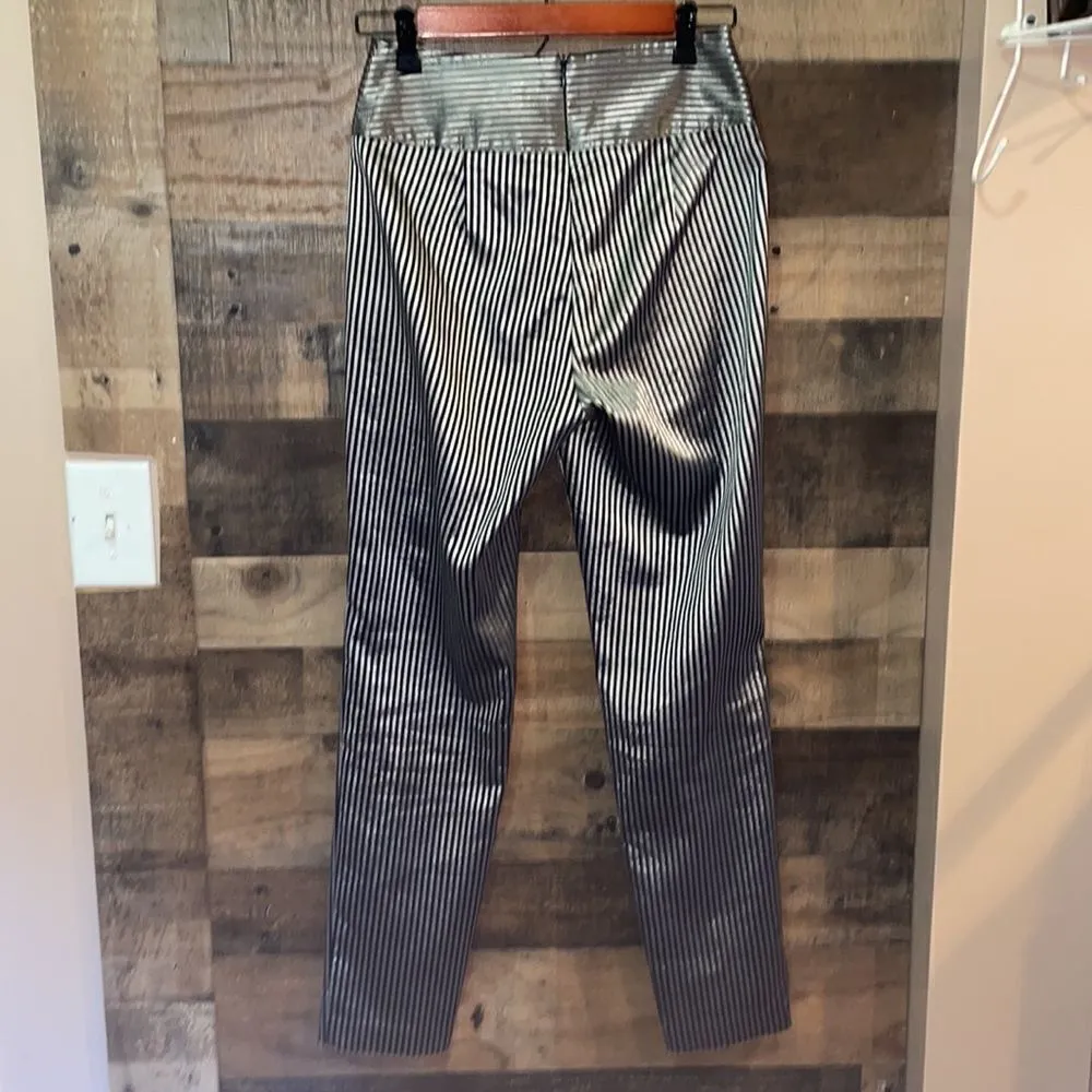 Michelle Mason Stripe Sateen Trouser Metallic vertical stripe navy trousers - Image 4