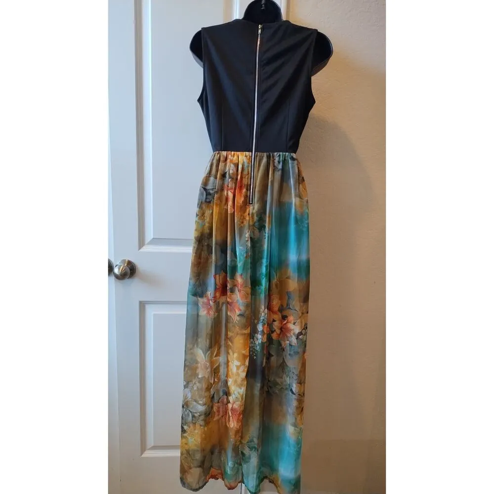 Sans Souci Sleeveless Black Faux Leather Top Floral Bottom Maxi Dress size Small - Image 4