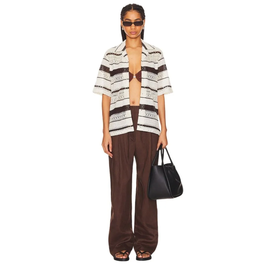 WAO Crochet Stripe Camp Shirt in Natural & Brown Medium New Womens Top - Image 13