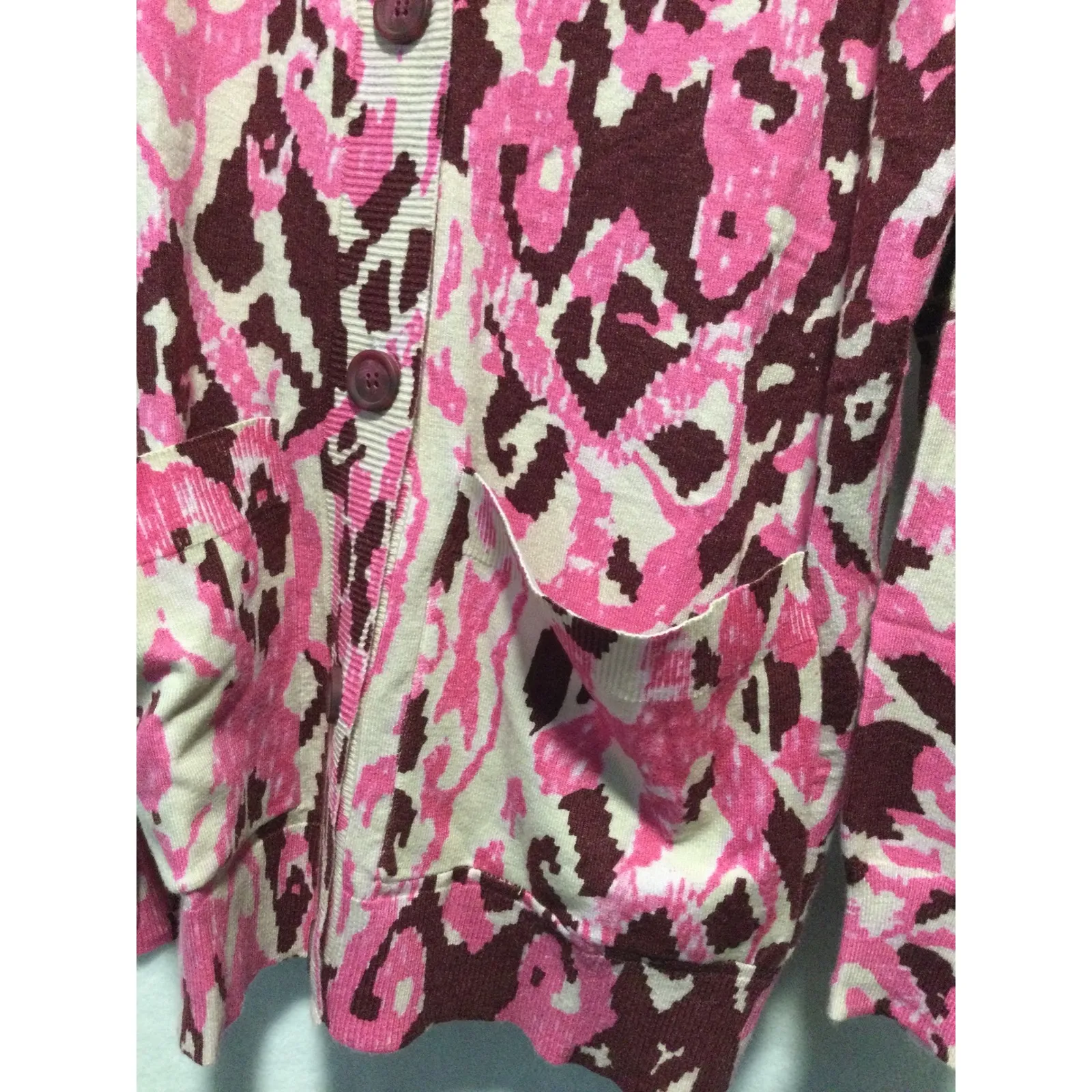 Kathy‎ Ireland Pink Brown Abstract Knit Cardigan Sweater Pockets Medium - Image 2