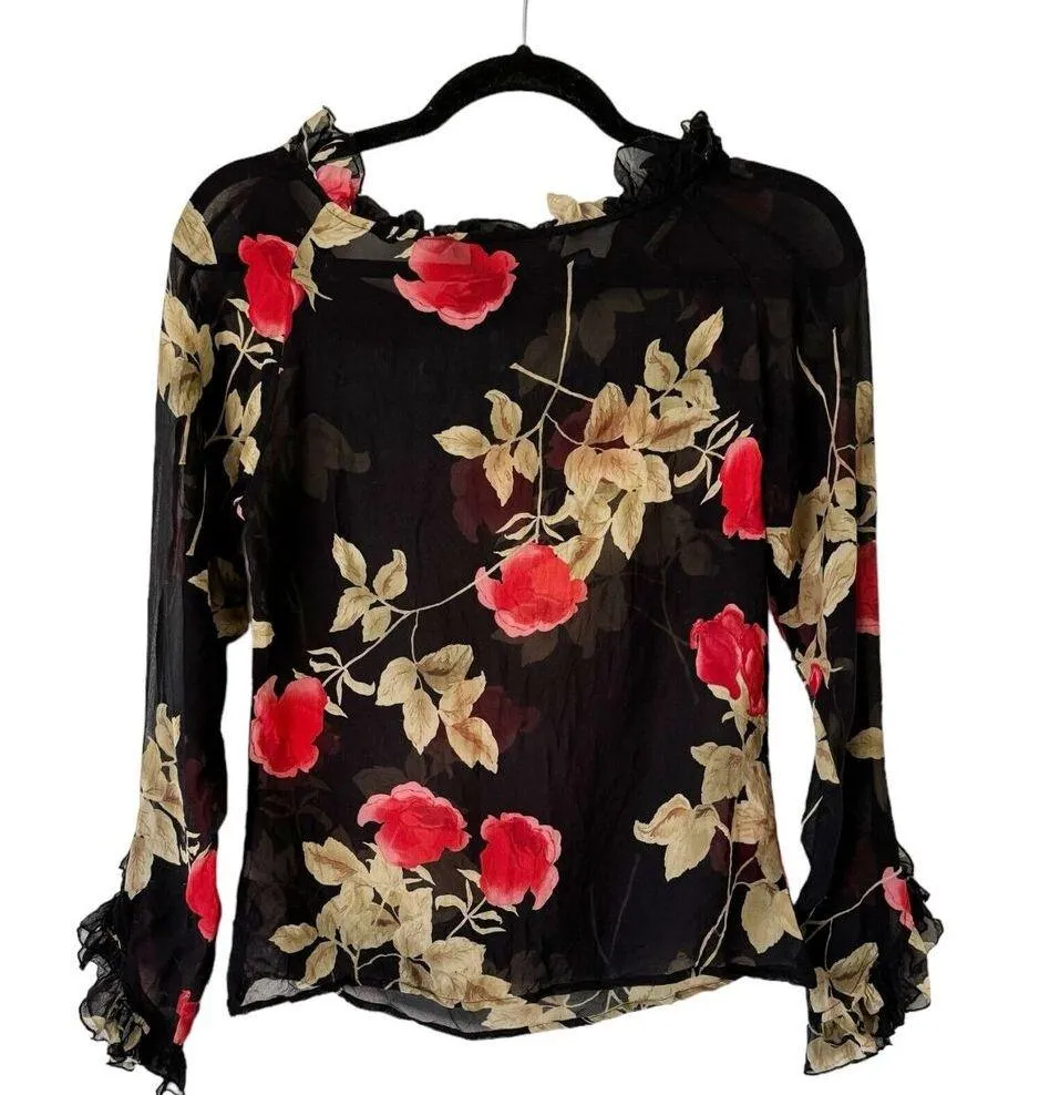 The Limited Rose Floral Black Sheer Ruffle Sleeve Silk Long Sleeve Blouse Sz XS - Image 2